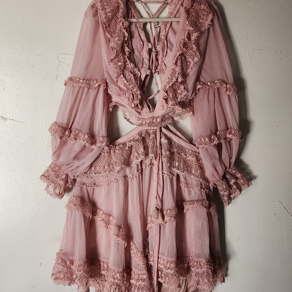 Rosevelvet Dresses & Skirts - Women’s Pink Lace-Trim Midi Dress